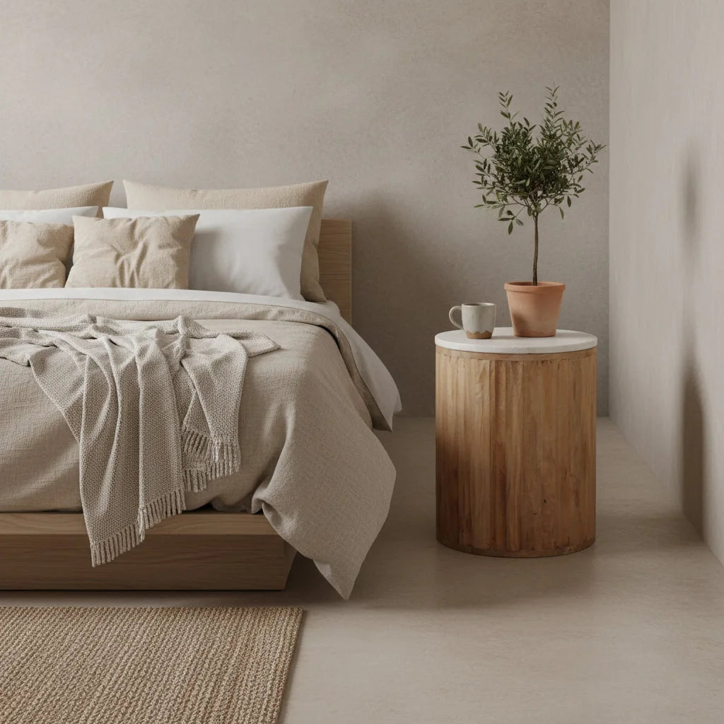 Table d’appoint ronde en marbre blanc et bois clair cannelé, Ø40 cm