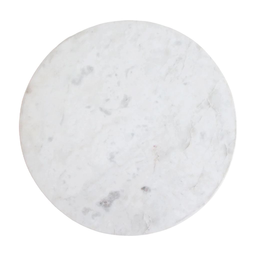 Table d’appoint ronde en marbre blanc veiné gris et bois clair cannelé, Ø40 cm