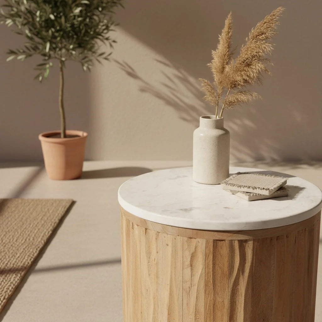 Vase céramique crème au col élancé avec pampa séchée sur table ronde marbre blanc et bois clair cannelé Ø40 cm