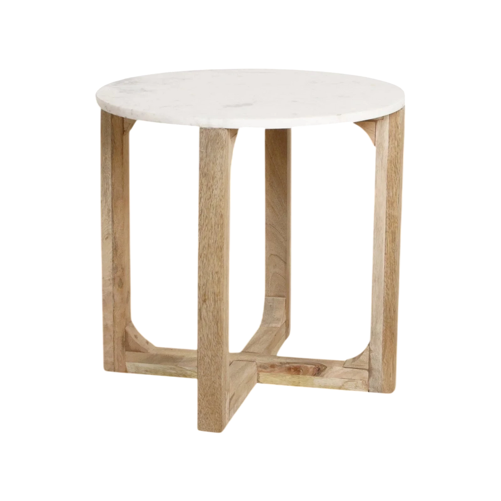 Table d’appoint ronde minimaliste en marbre blanc et bois clair avec découpes géométriques, Ø50 cm