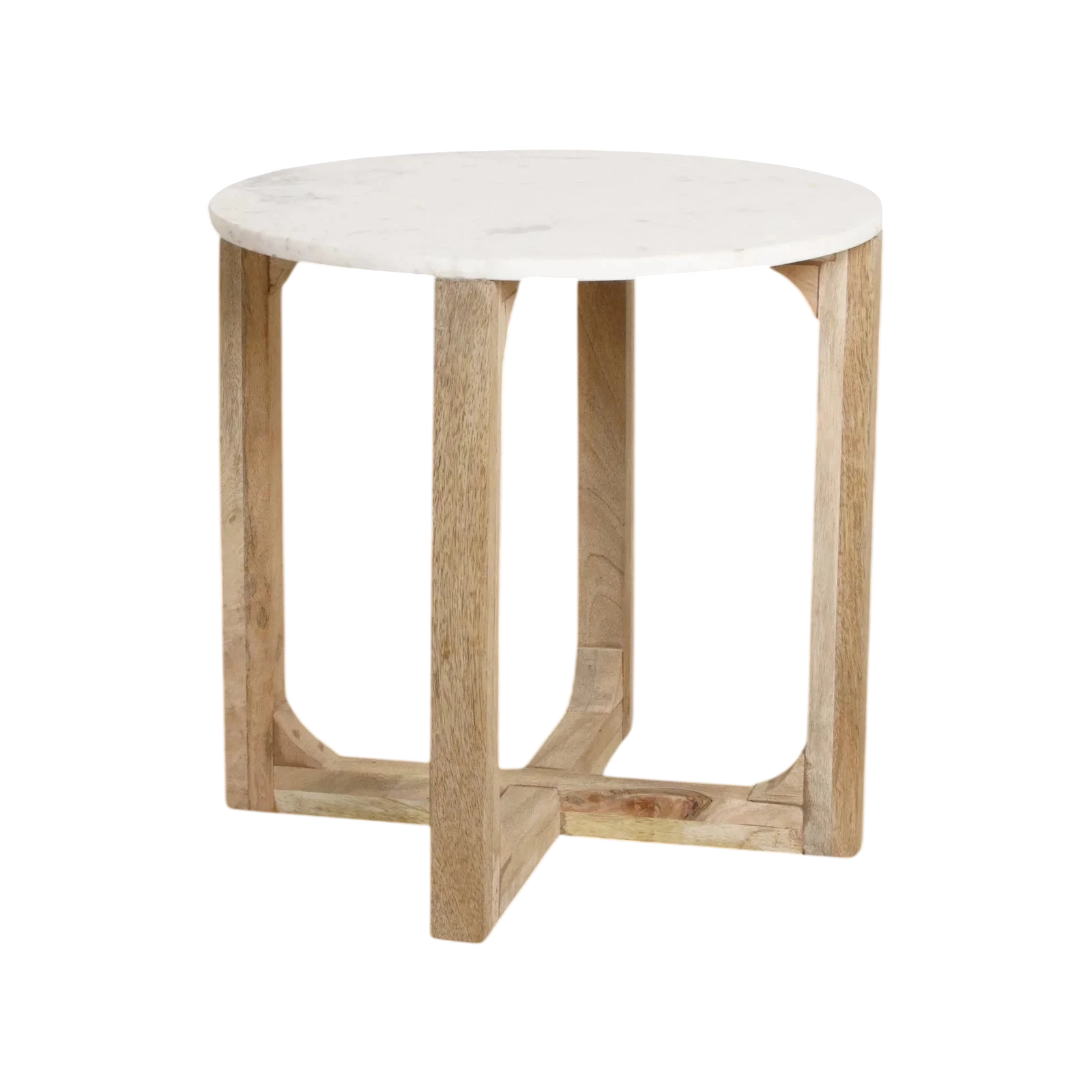 Table d’appoint ronde minimaliste en marbre blanc et bois clair avec découpes géométriques, Ø50 cm