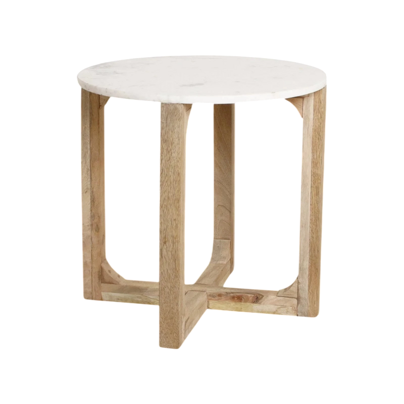 Table d’appoint ronde marbre blanc et bois clair – Ø50 cm