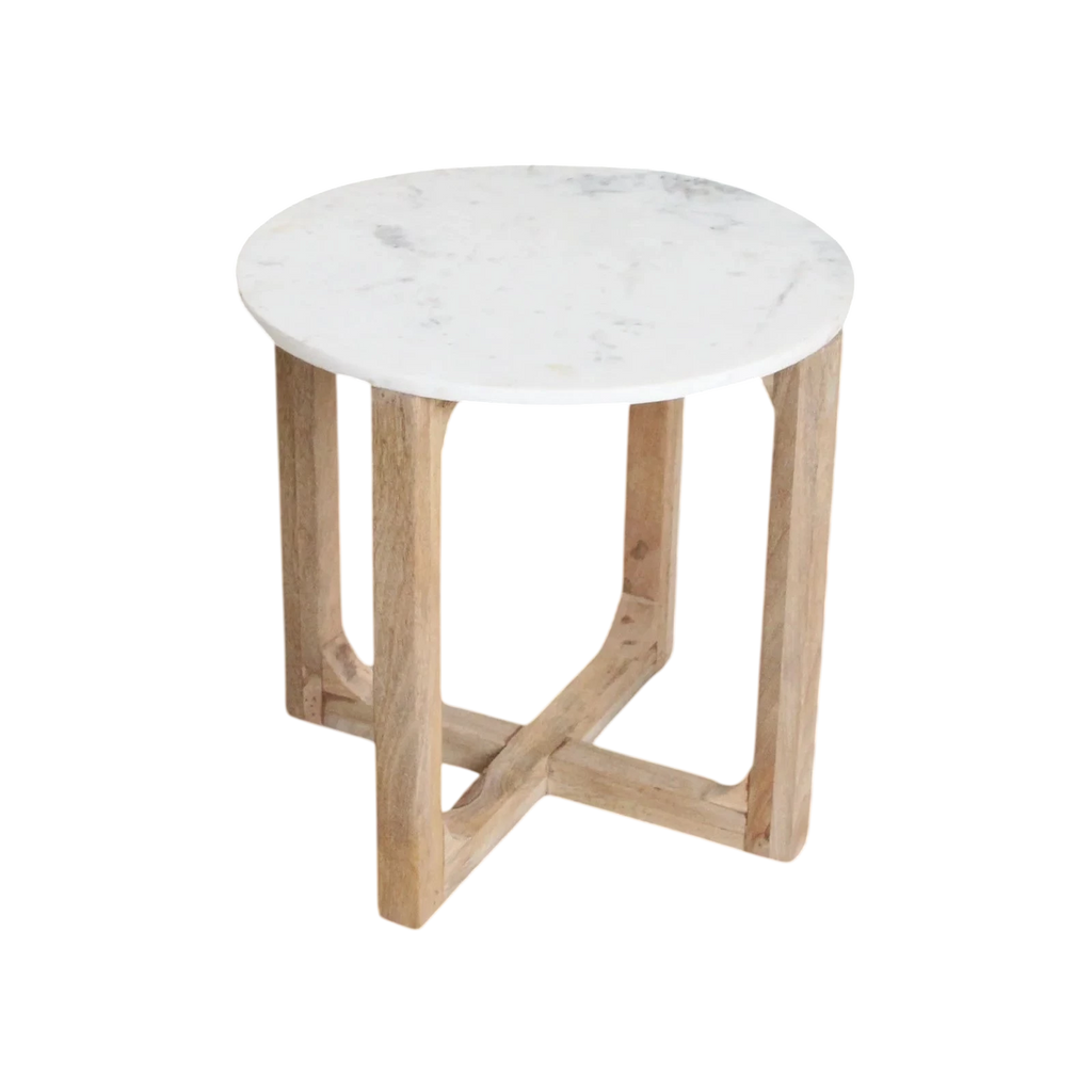 Table d’appoint ronde minimaliste marbre blanc et bois clair Ø50 cm
