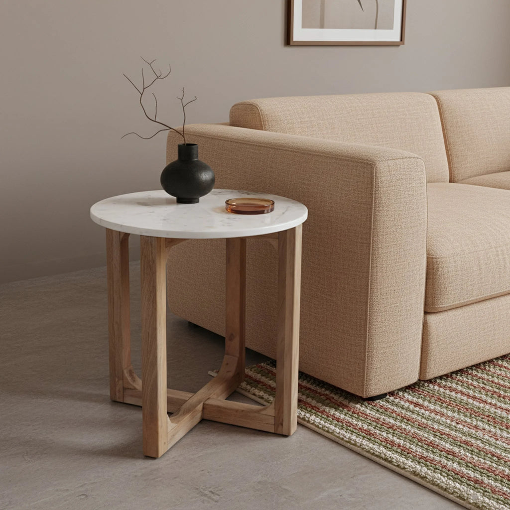Table d’appoint ronde en marbre blanc et bois clair, Ø50 cm