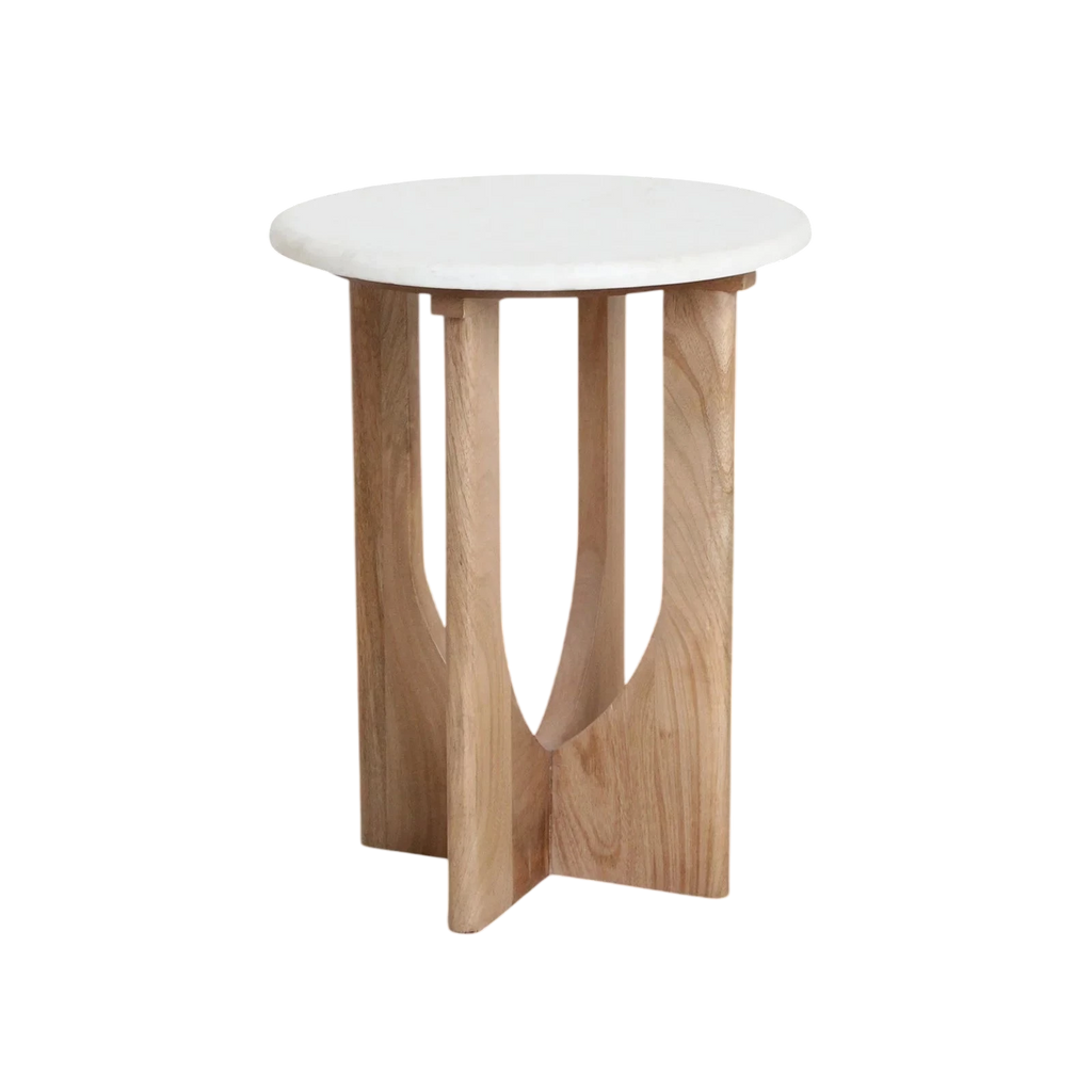 Table d’appoint ronde en marbre blanc et bois clair sculpté H50 cm