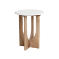Table d’appoint ronde en marbre blanc et bois clair sculpté H50 cm