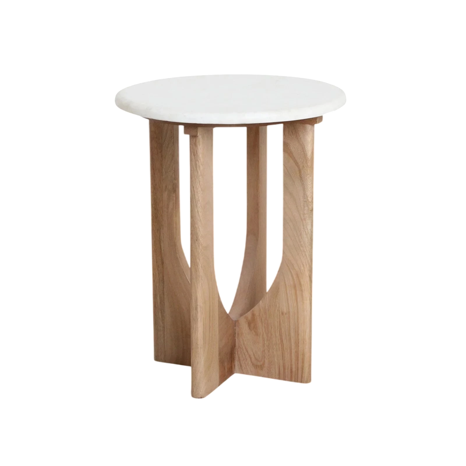 Table d’appoint ronde en marbre blanc et bois clair sculpté H50 cm