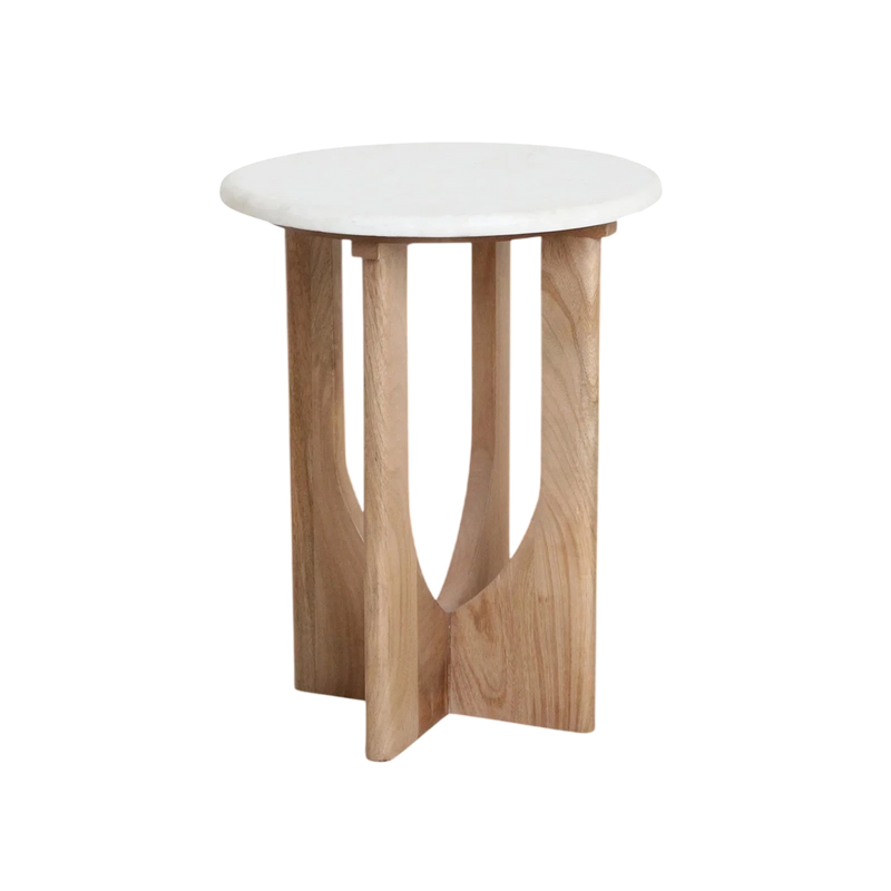 Table d’appoint ronde en marbre blanc et bois clair sculpté – H50 cm