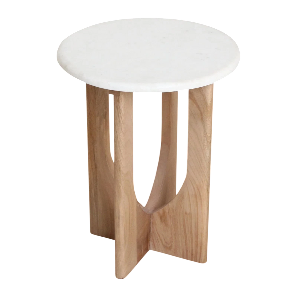 Table d’appoint ronde minimaliste en marbre blanc et bois clair sculpté H50 cm