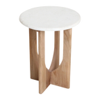 Table d’appoint ronde minimaliste en marbre blanc et bois clair sculpté H50 cm