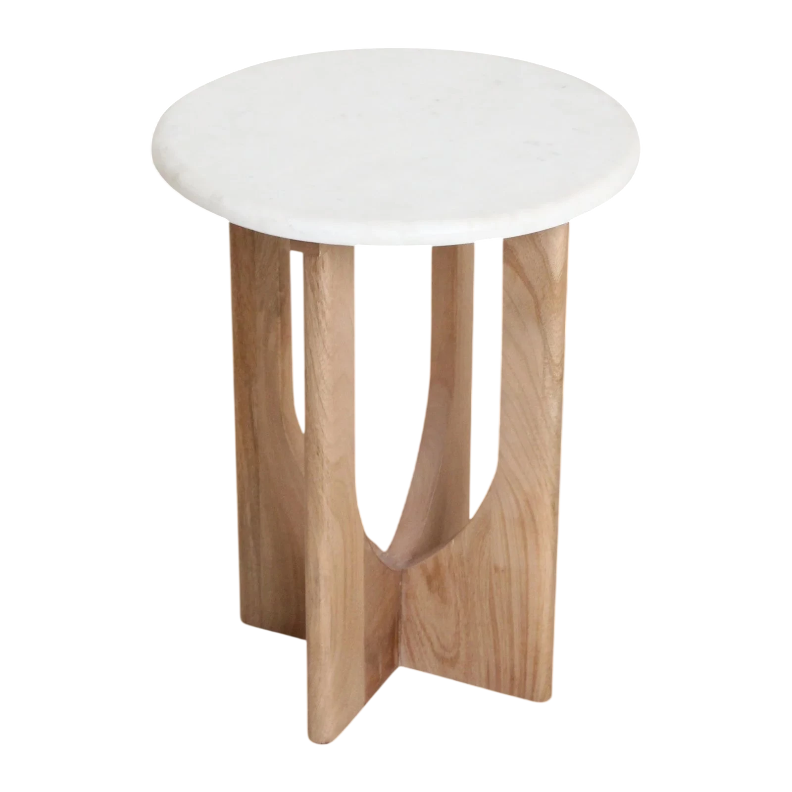 Table d’appoint ronde minimaliste en marbre blanc et bois clair sculpté H50 cm
