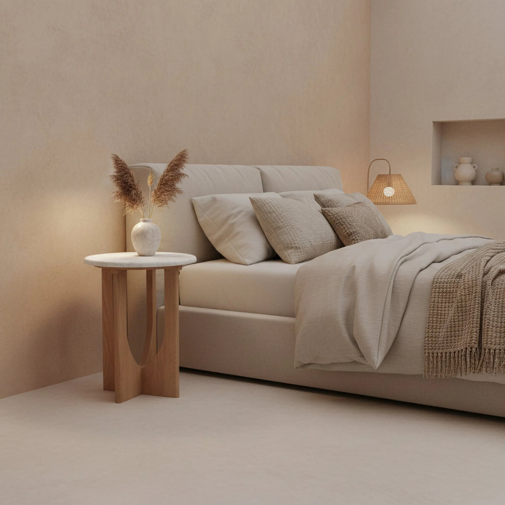 Vase en céramique blanche minimaliste avec pampa séchée sur table ronde marbre et bois