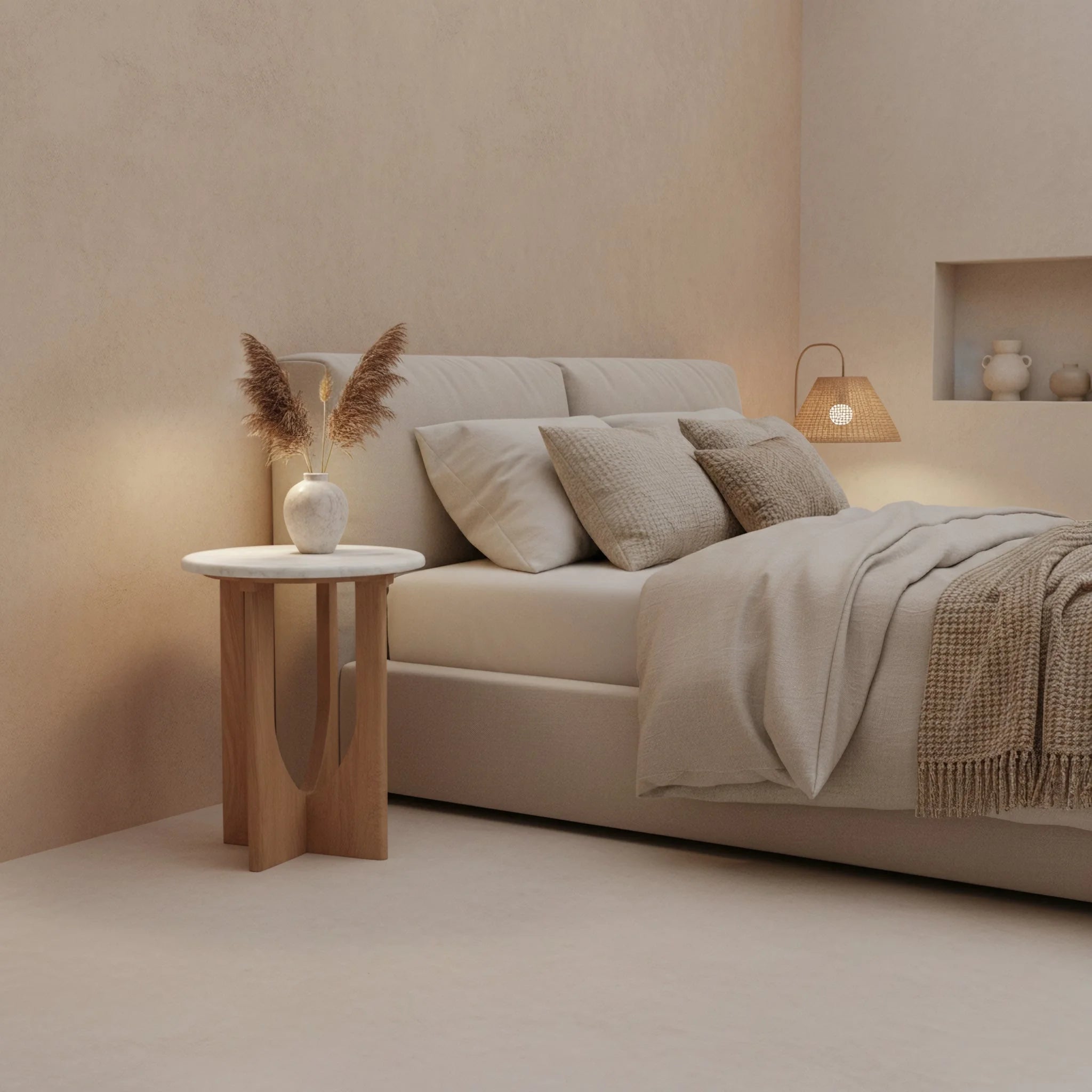 Vase en céramique blanche minimaliste avec pampa séchée sur table ronde marbre et bois