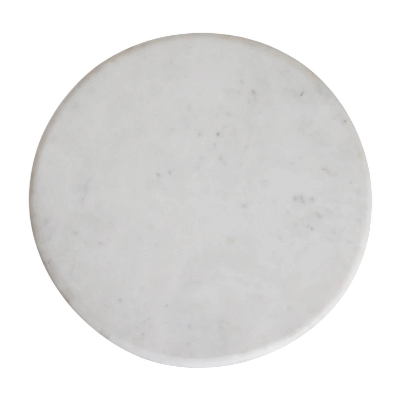 Coaster en marbre blanc veiné gris sur table ronde bois clair sculpté H50 cm