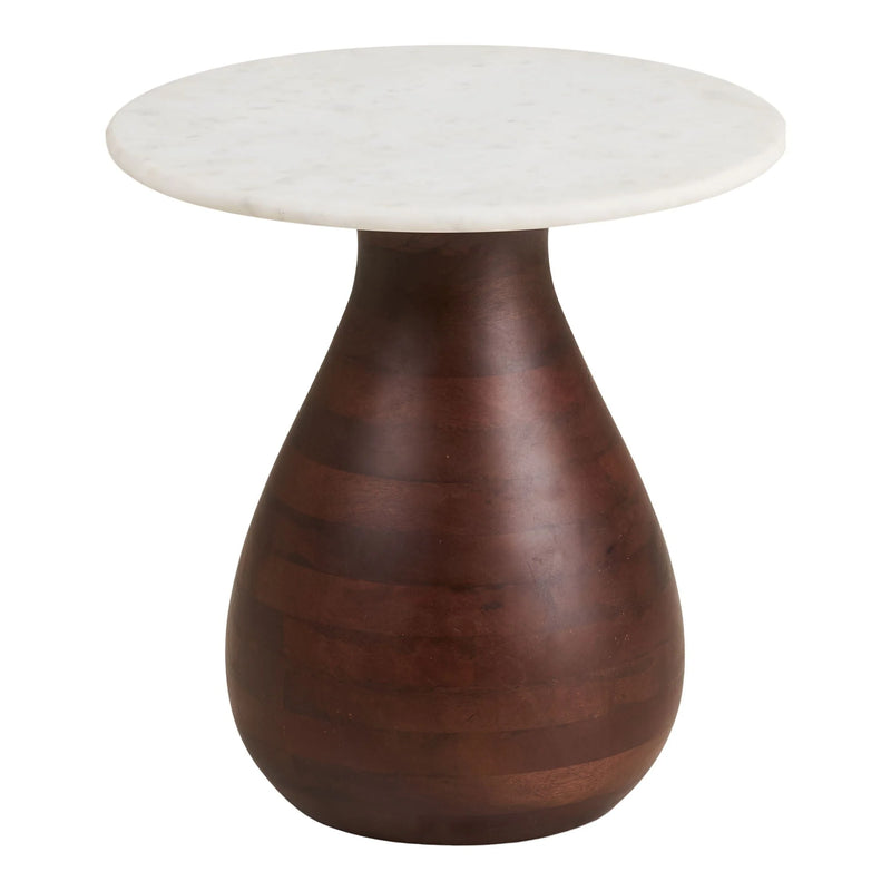 Table d’appoint ronde marbre blanc et bois foncé sculpté – Ø40xH41 cm