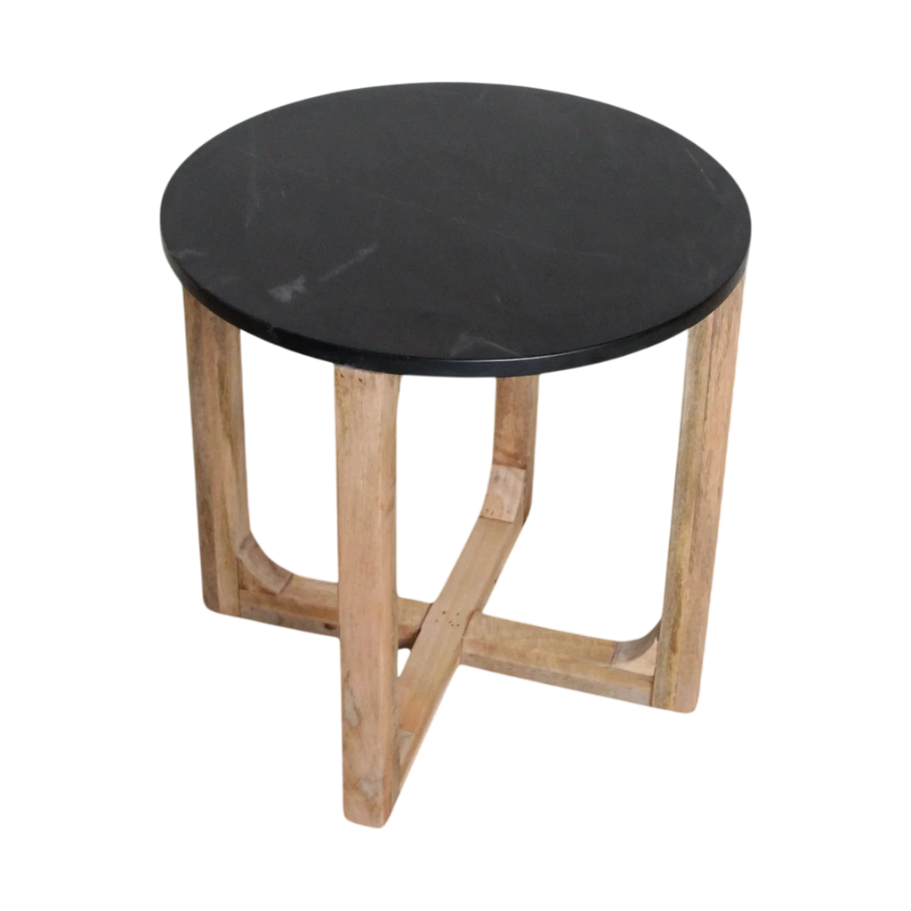 Table d’appoint ronde en marbre noir et bois manguier clair, Ø50 cm
