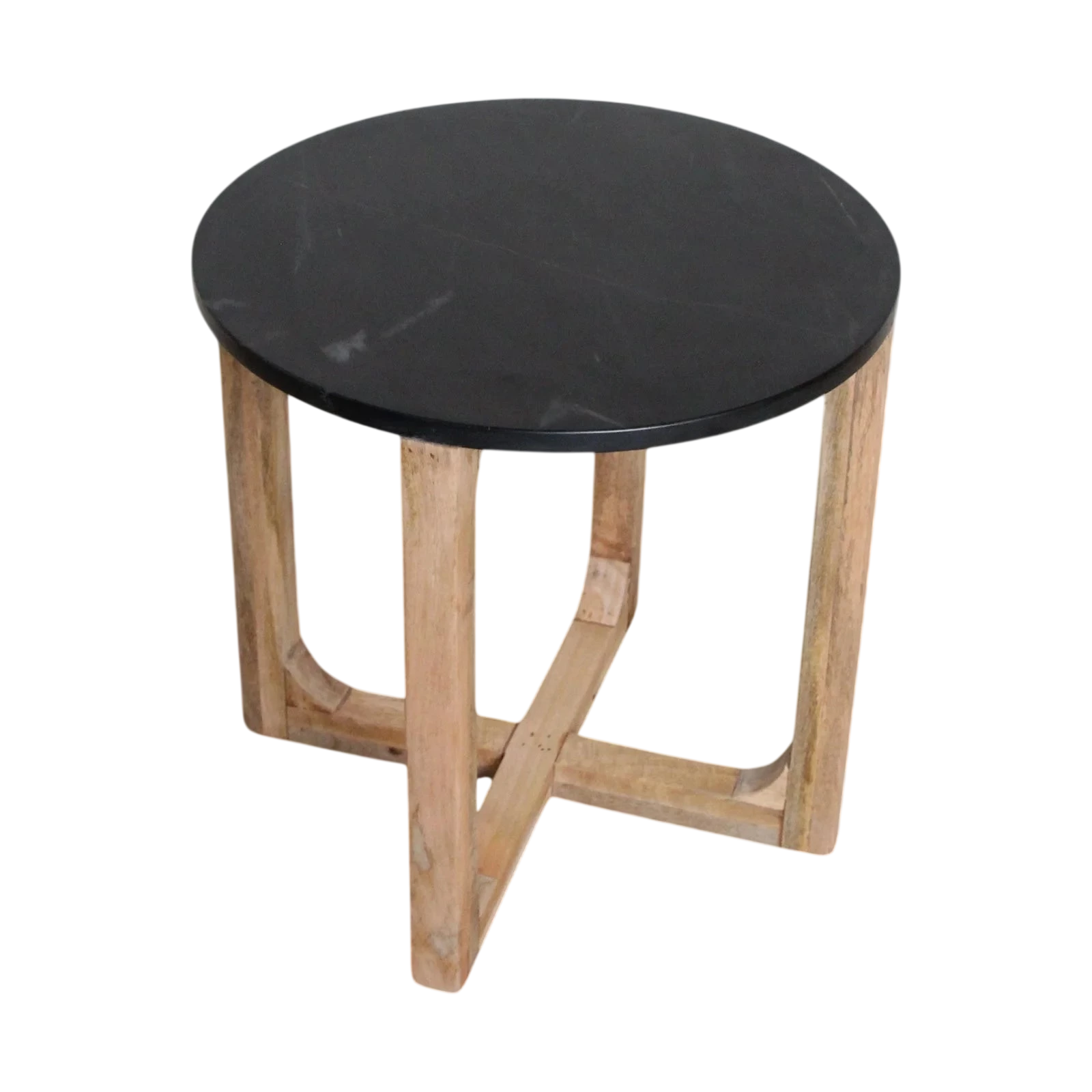 Table d’appoint ronde en marbre noir et bois manguier clair, Ø50 cm