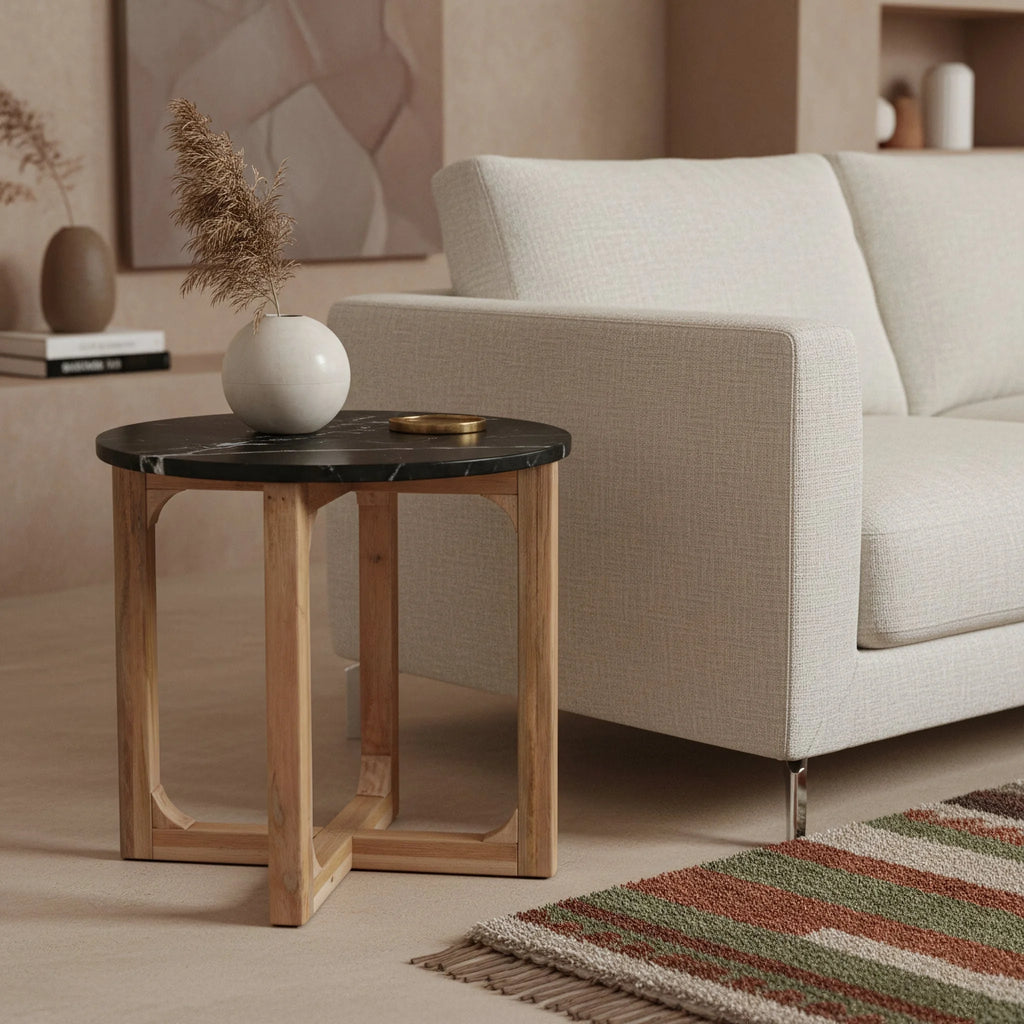 Table d’appoint ronde en marbre noir et bois manguier clair Ø50 cm