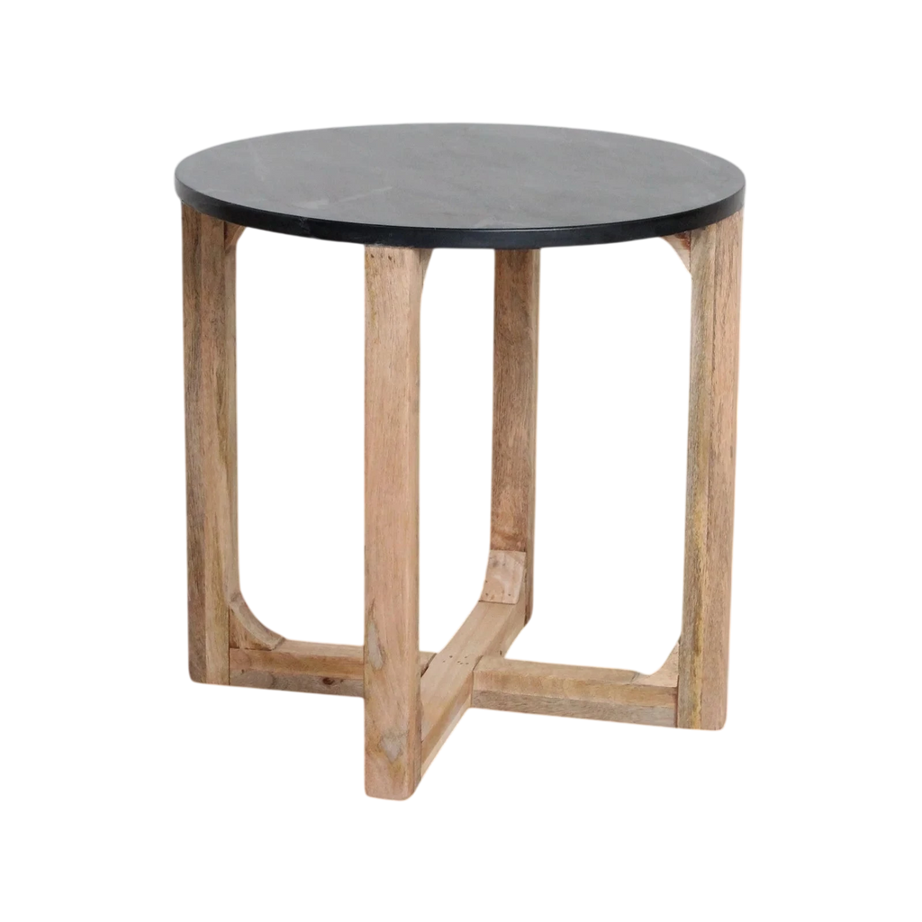 Table d’appoint ronde en marbre noir et bois manguier clair, Ø50 cm