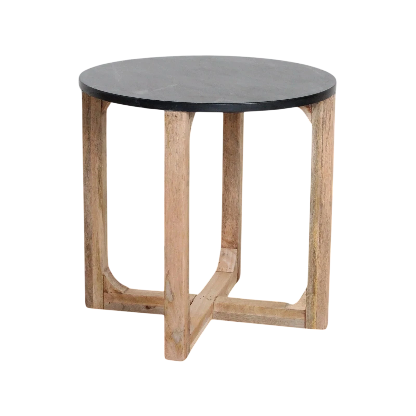 Table d’appoint ronde en marbre noir et bois manguier clair, Ø50 cm
