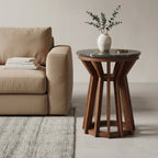 Table d’appoint ronde en marbre noir et bois de manguier sculpté Ø40 cm