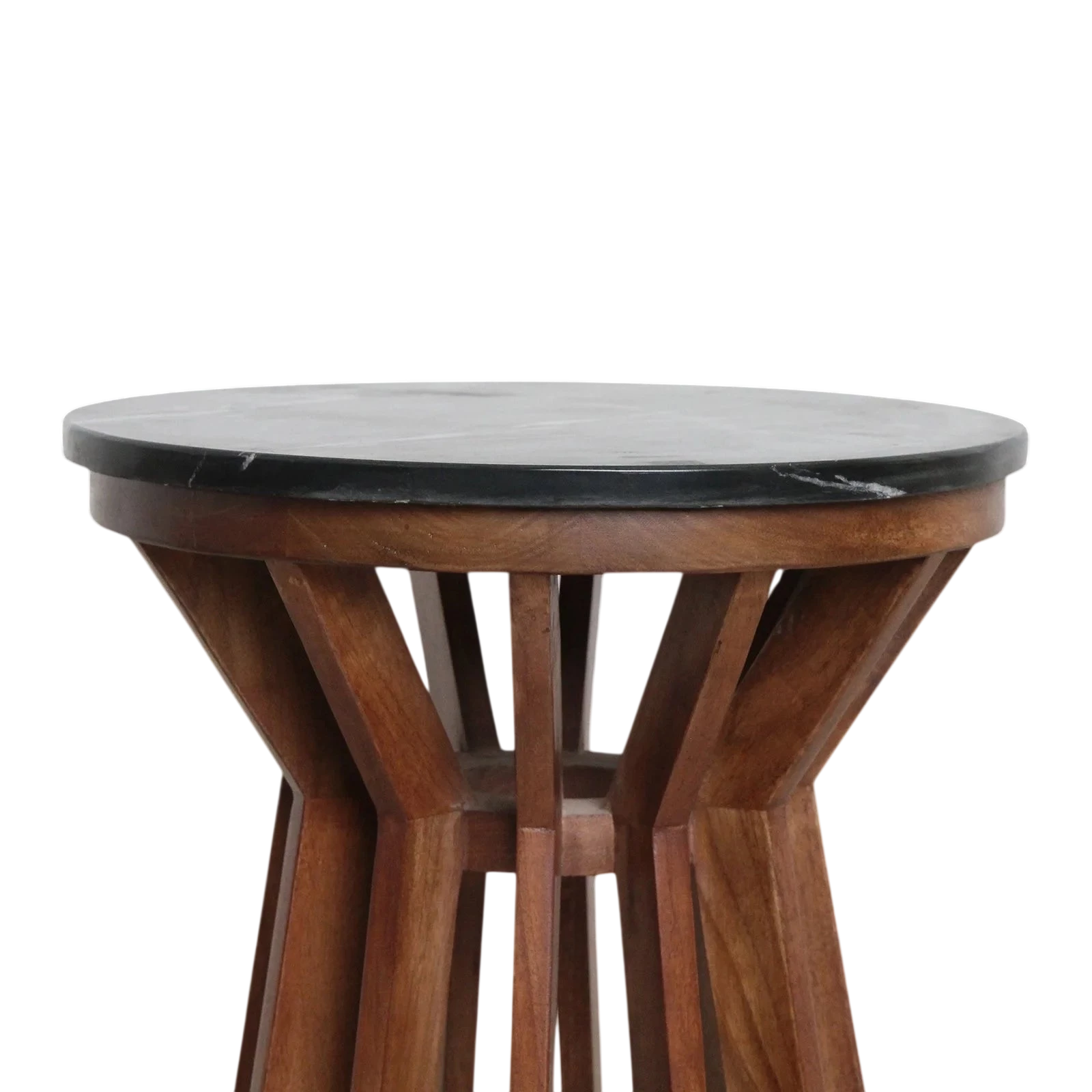 Table d’appoint ronde en marbre noir et bois de manguier sculpté, Ø40 cm