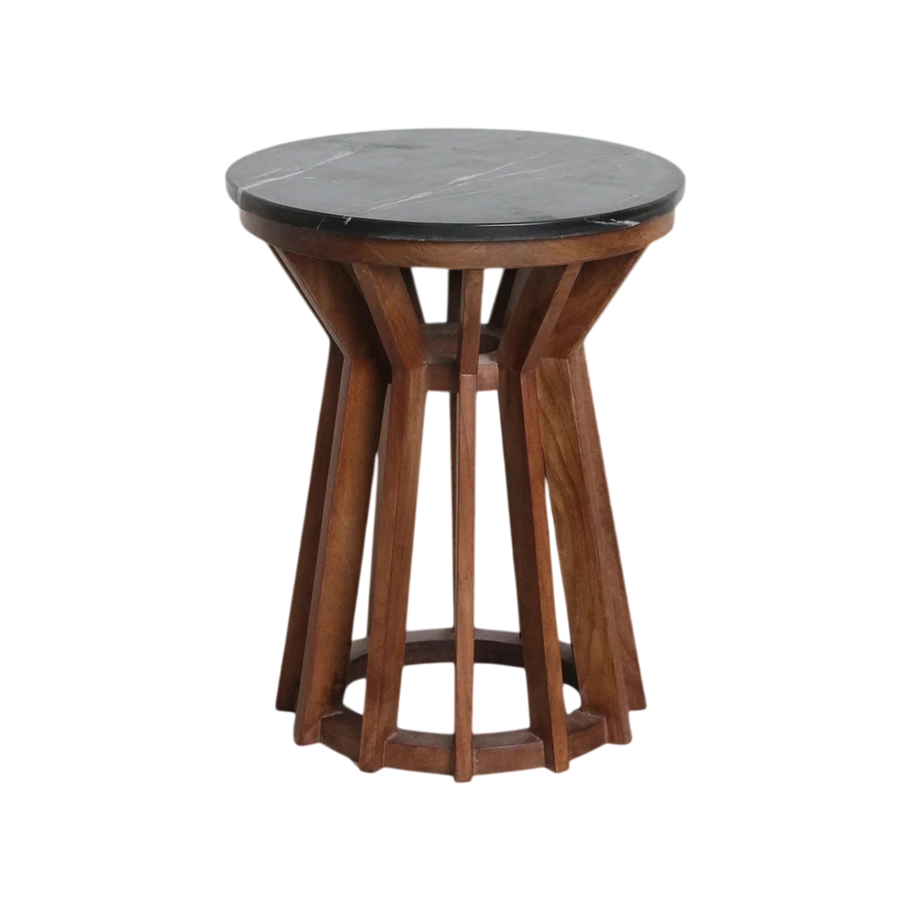 Table d’appoint ronde en marbre gris foncé et bois de manguier brun – Ø40 cm