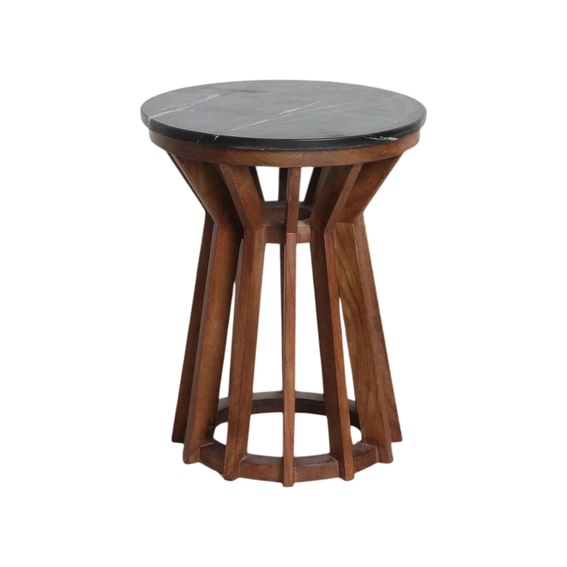 Table d’appoint ronde en marbre noir et bois de manguier sculpté – Ø40 cm
