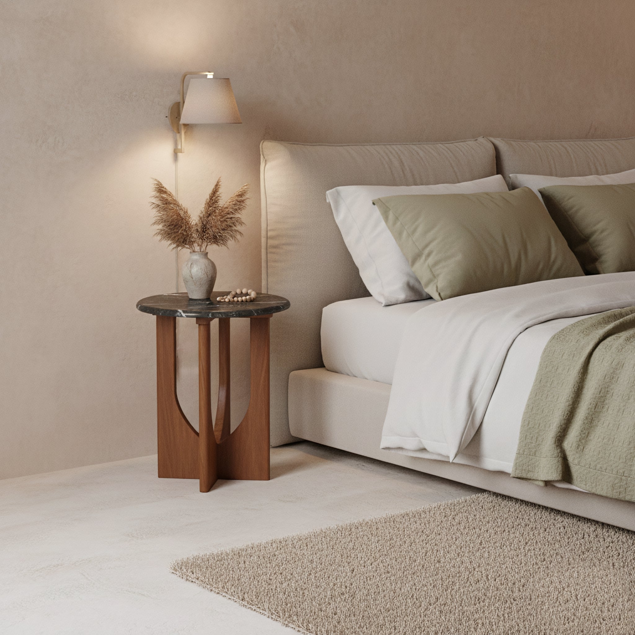 Table d’appoint ronde en marbre noir et bois sculpté – H50 cm