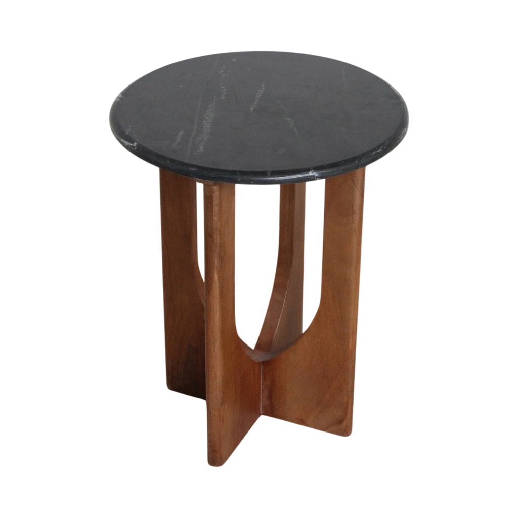 Table d’appoint ronde en marbre noir et bois sculpté, H50 cm
