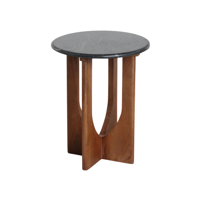 Table d’appoint ronde en marbre noir et bois sculpté – H50 cm