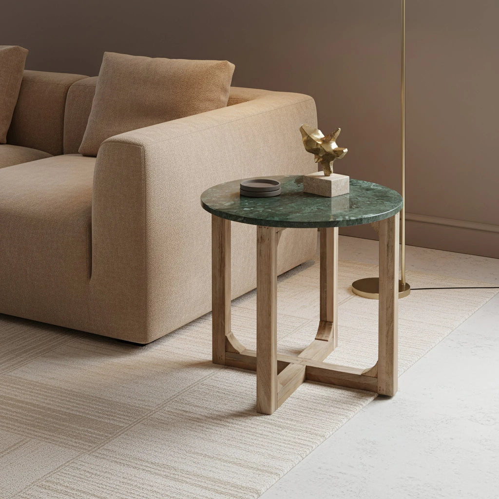 Table d’appoint ronde en marbre vert poli et bois clair courbé Ø50 cm
