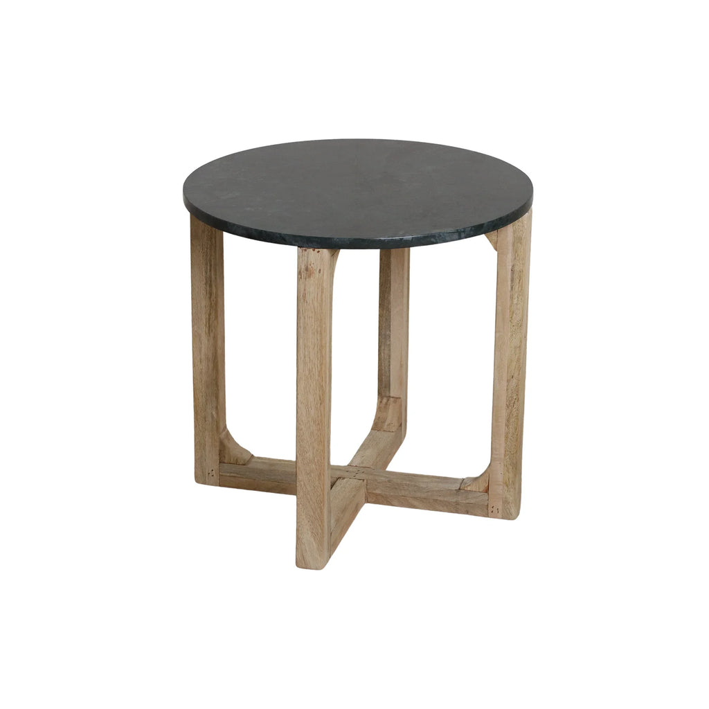 Table d’appoint ronde en marbre vert et bois clair Ø50 cm
