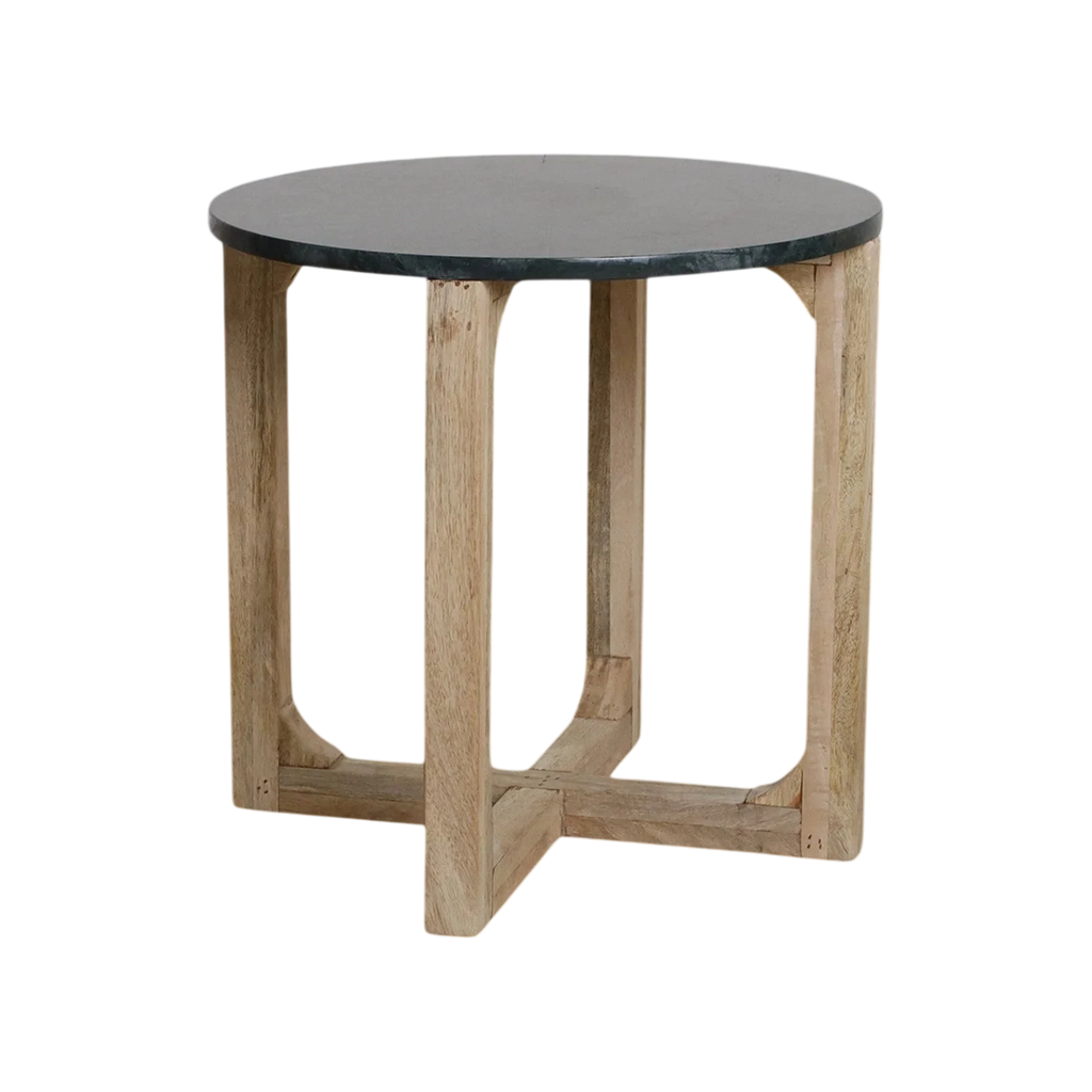 Table d’appoint ronde en marbre vert et bois clair, Ø50 cm, design minimaliste