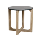 Table d’appoint ronde en marbre vert et bois clair, Ø50 cm, design minimaliste
