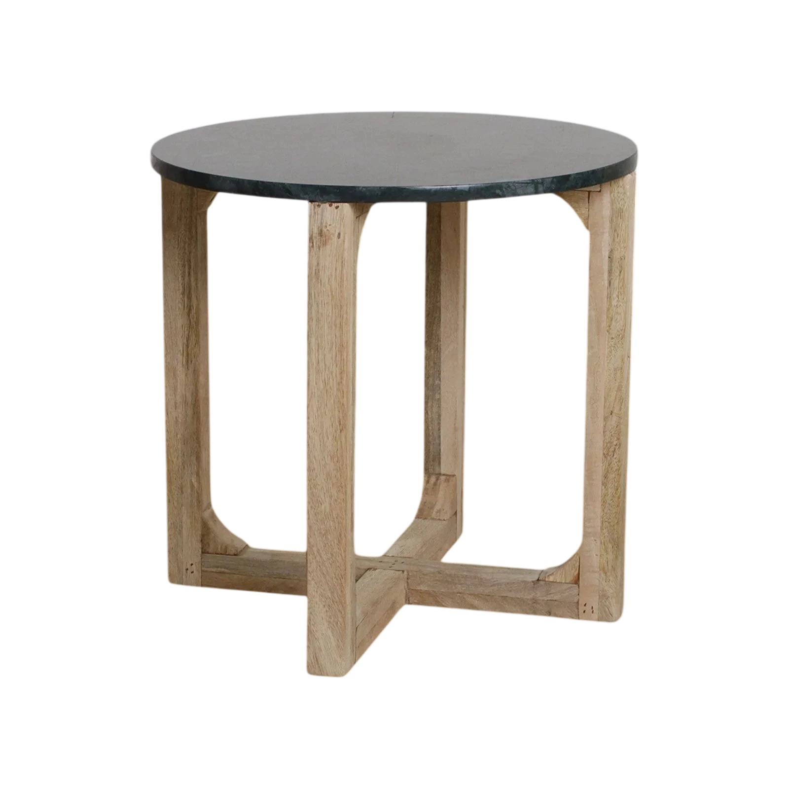 Table d’appoint ronde en marbre vert et bois clair, Ø50 cm, design minimaliste