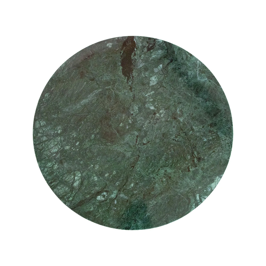 Table d’appoint ronde en marbre vert à veines sombres sur bois clair, Ø50 cm