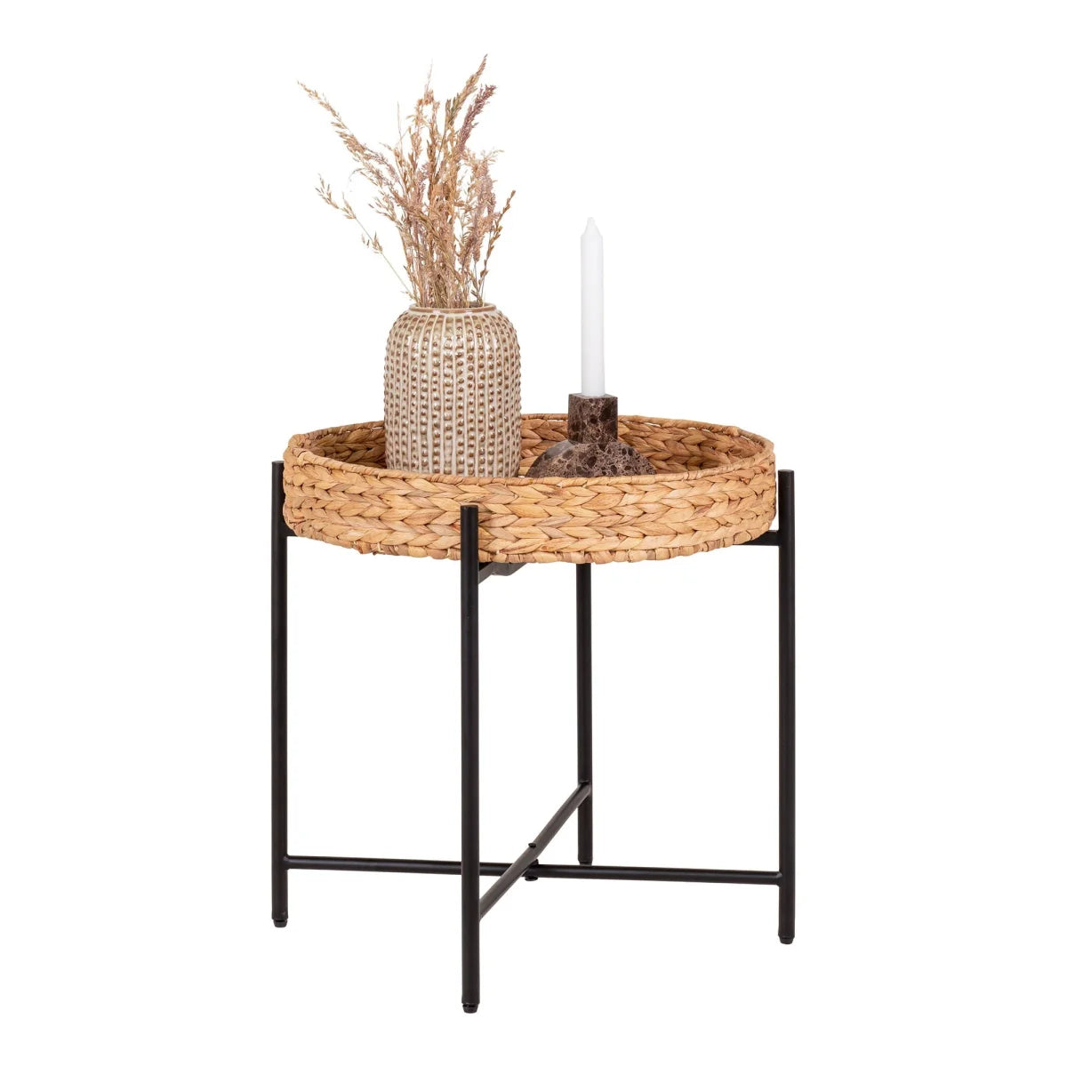 Plateau en rotin naturel tressé avec cadre métal noir, table ronde Ø50 cm