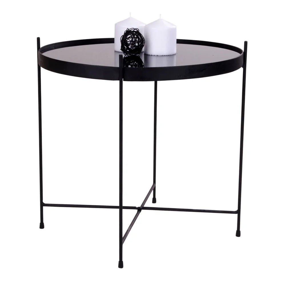 Table d’appoint ronde en métal noir avec plateau en verre teinté et bougies