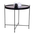 Table d’appoint ronde en métal noir avec plateau en verre teinté et bougies