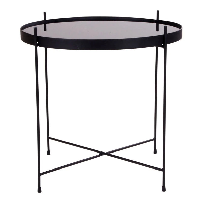 Table d’appoint ronde en métal noir avec plateau en verre teinté – Ø48 cm