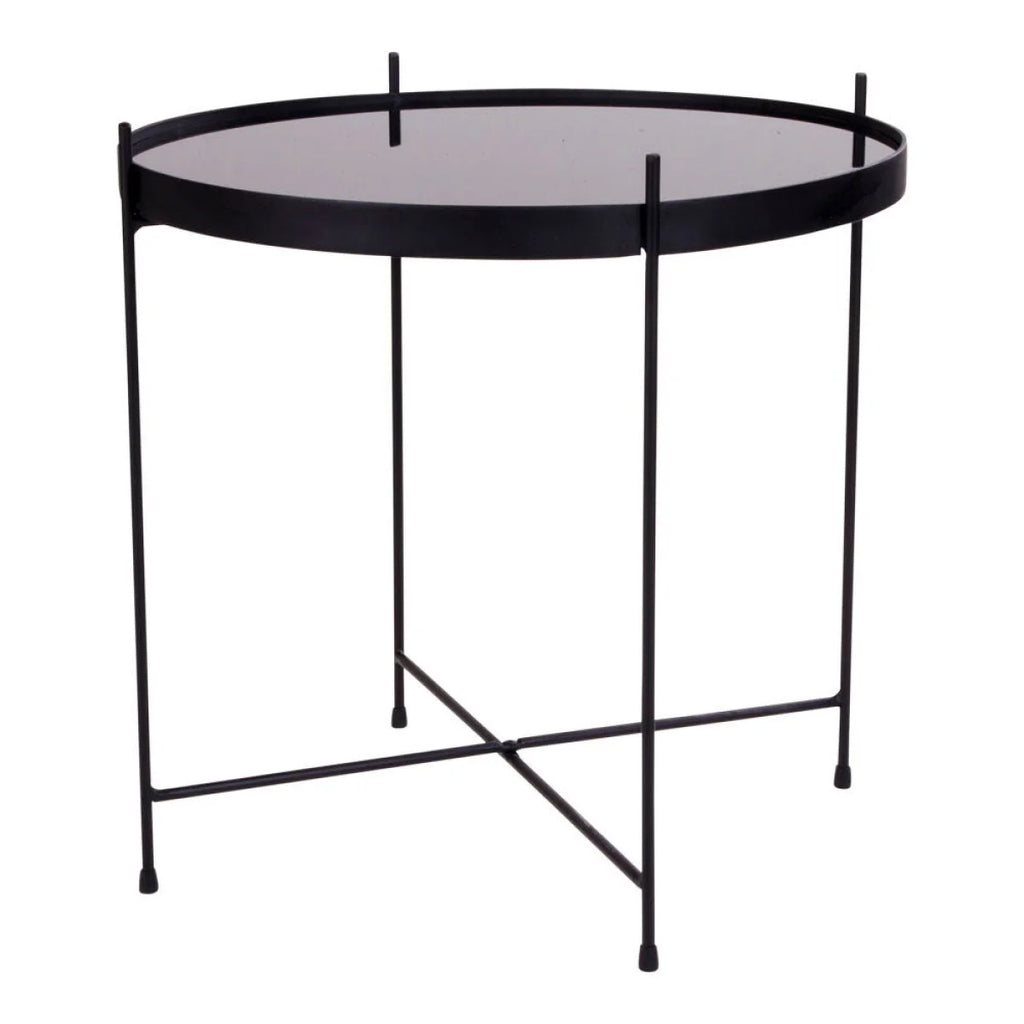 Table d’appoint ronde en métal noir avec plateau en verre teinté Ø48 cm