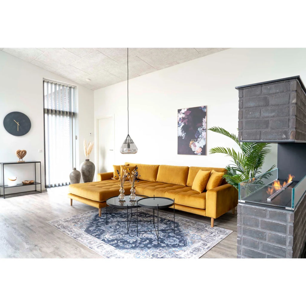 Canapé sectionnel moutarde à coussins capitonnés et pieds en bois