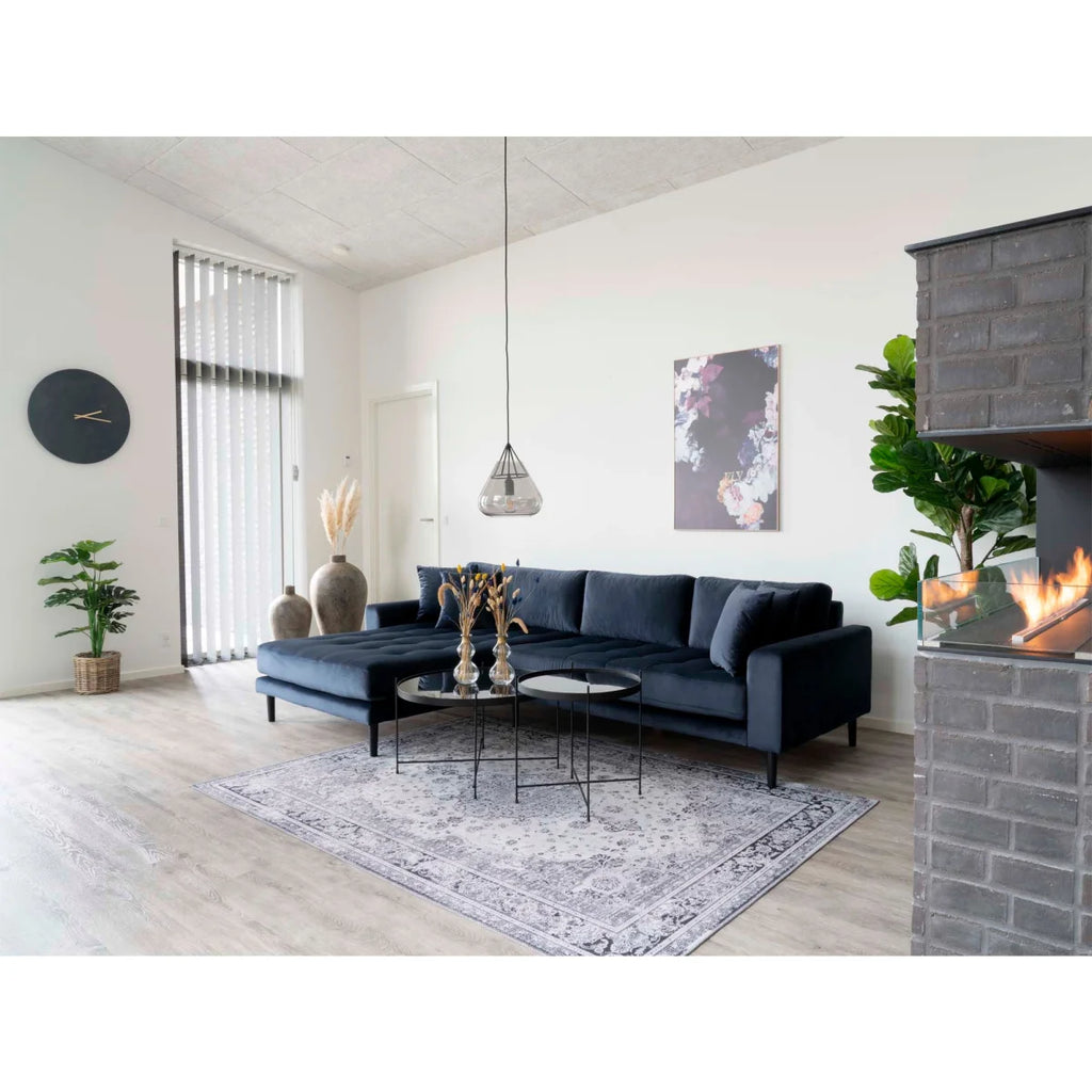 Canapé sectionnel velours bleu marine dos capitonné pieds métal noir