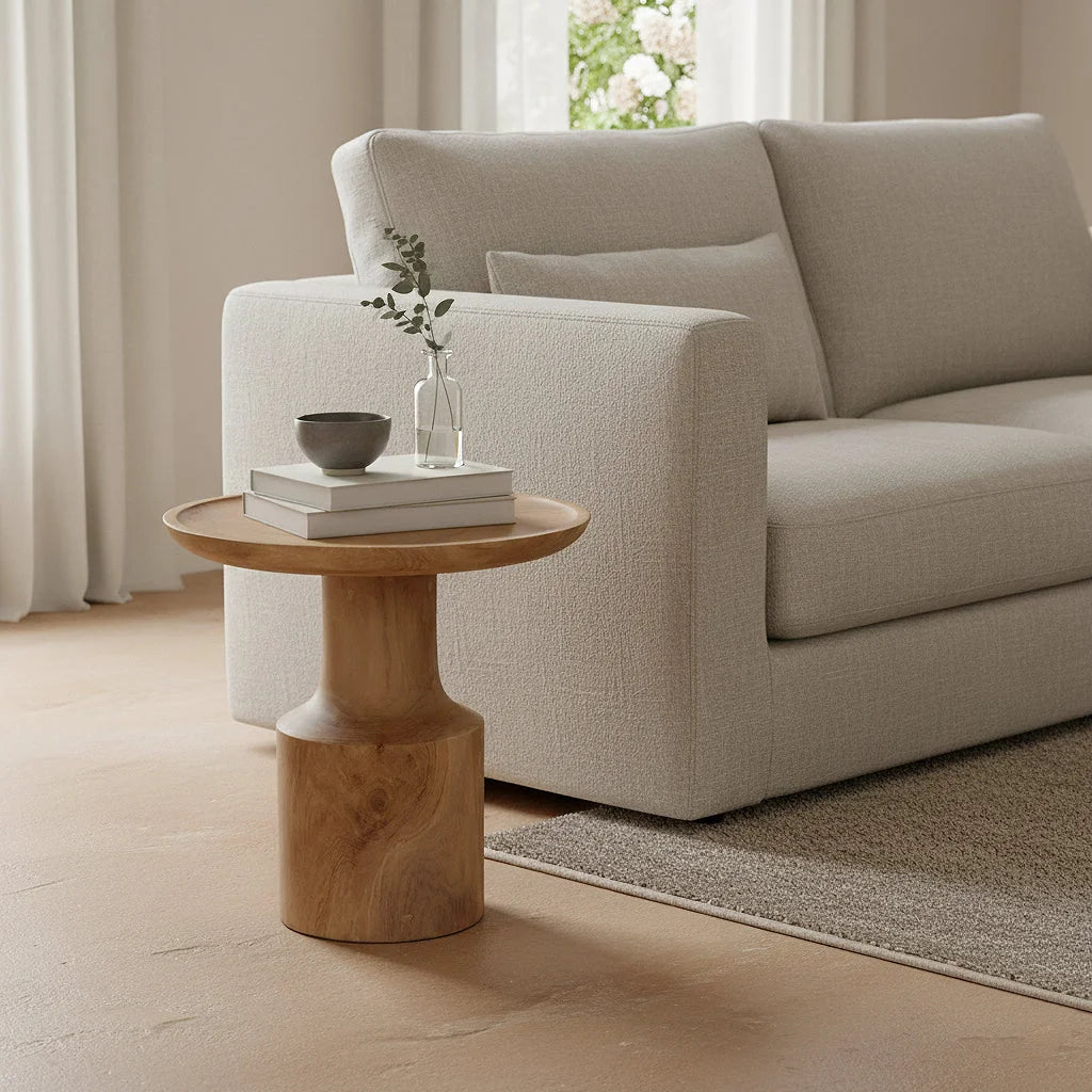 Table d’appoint ronde en teck naturel sculptural 50x50 cm à pied évasé