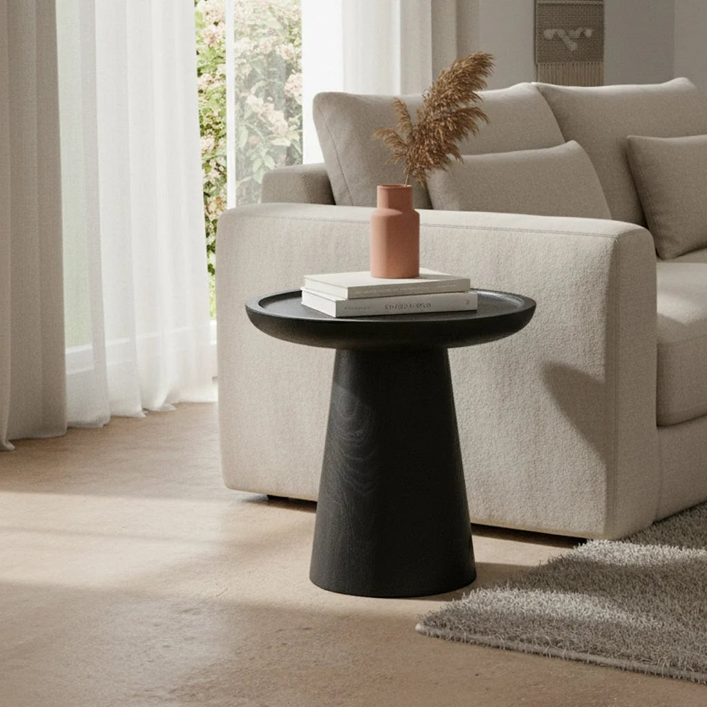 Table d’appoint ronde en teck noir mat avec rebord, Ø40 cm
