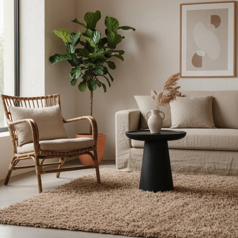 Vase céramique crème à deux anses sur table ronde en teck noir mat Ø40 cm