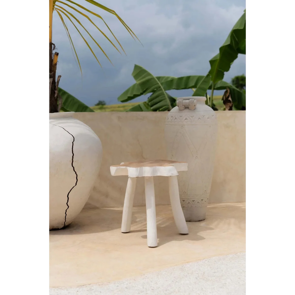 Tabouret en teck blanc naturel avec design à bord naturel et quatre pieds robustes