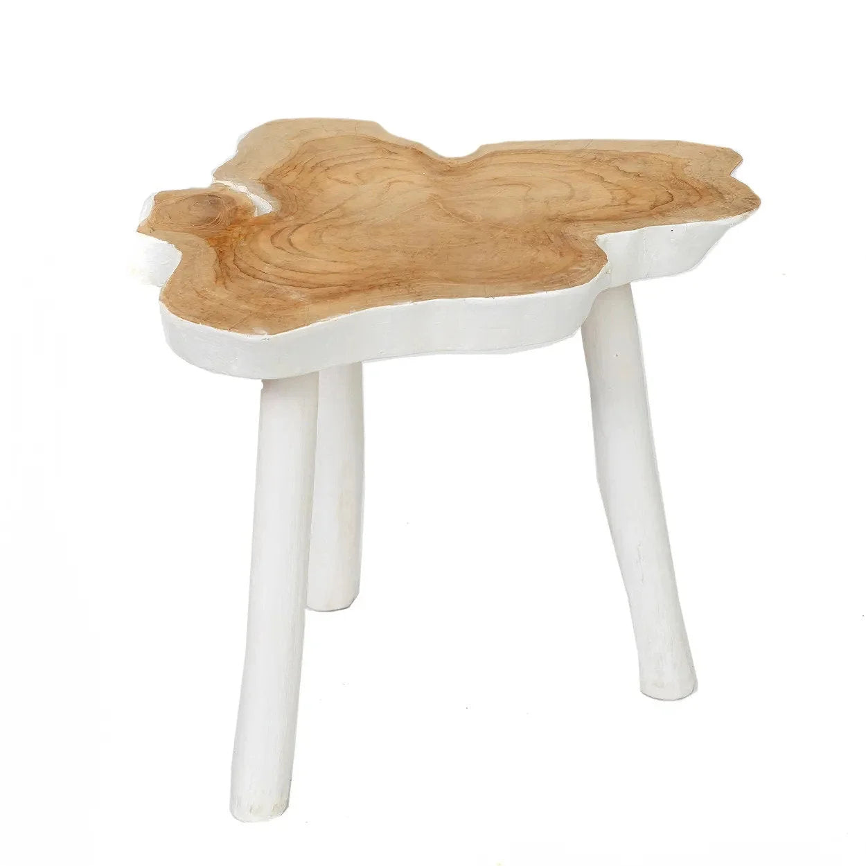 Table d’appoint en teck massif blanc naturel, forme organique 45x45 cm