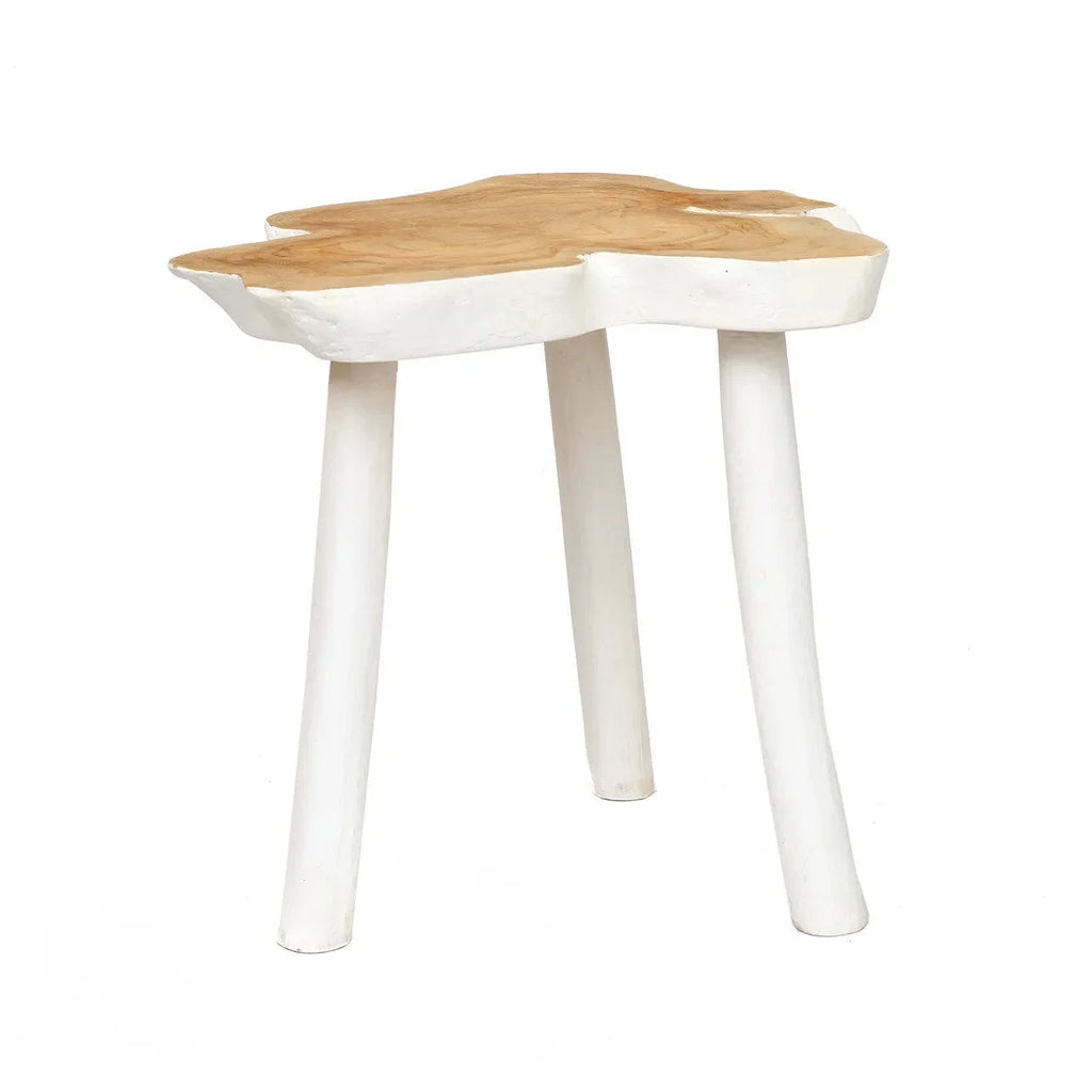 Tabouret en bois blanc avec plateau organique en teck naturel, 45x45 cm
